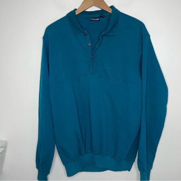 Vintage Patagonia Collared Polo Sweatshirt Teal Green 80s 90s Long Sleeve - Picture 1 of 9